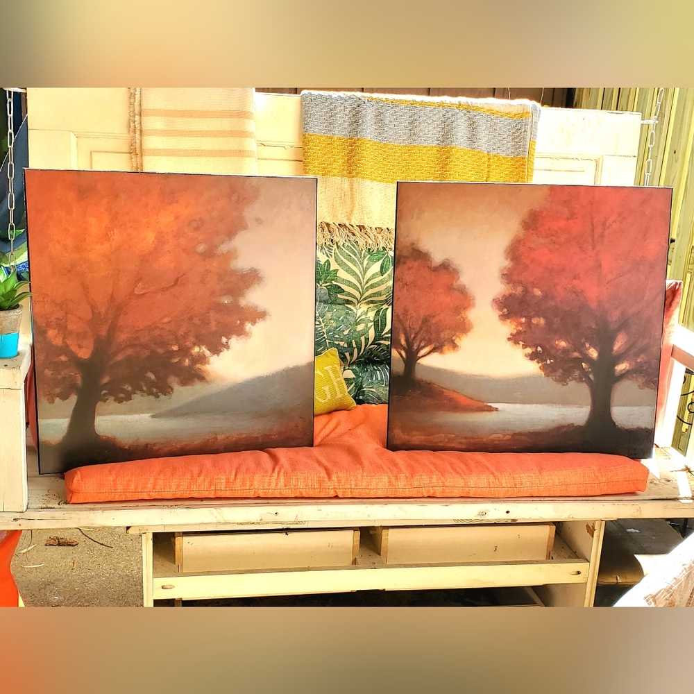 EUC!! Set of 2, 20x20" Wall Art. Trees Water Hill. Serene. Warm.   Easy hang.